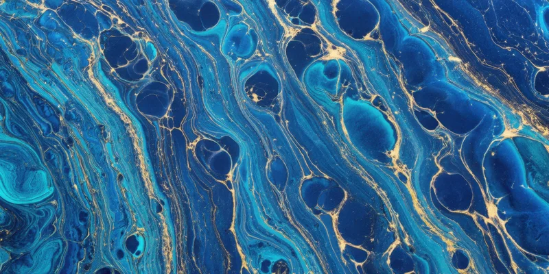 Swirling cobalt blue and turquoise marbling with gold veining across a fluid surface