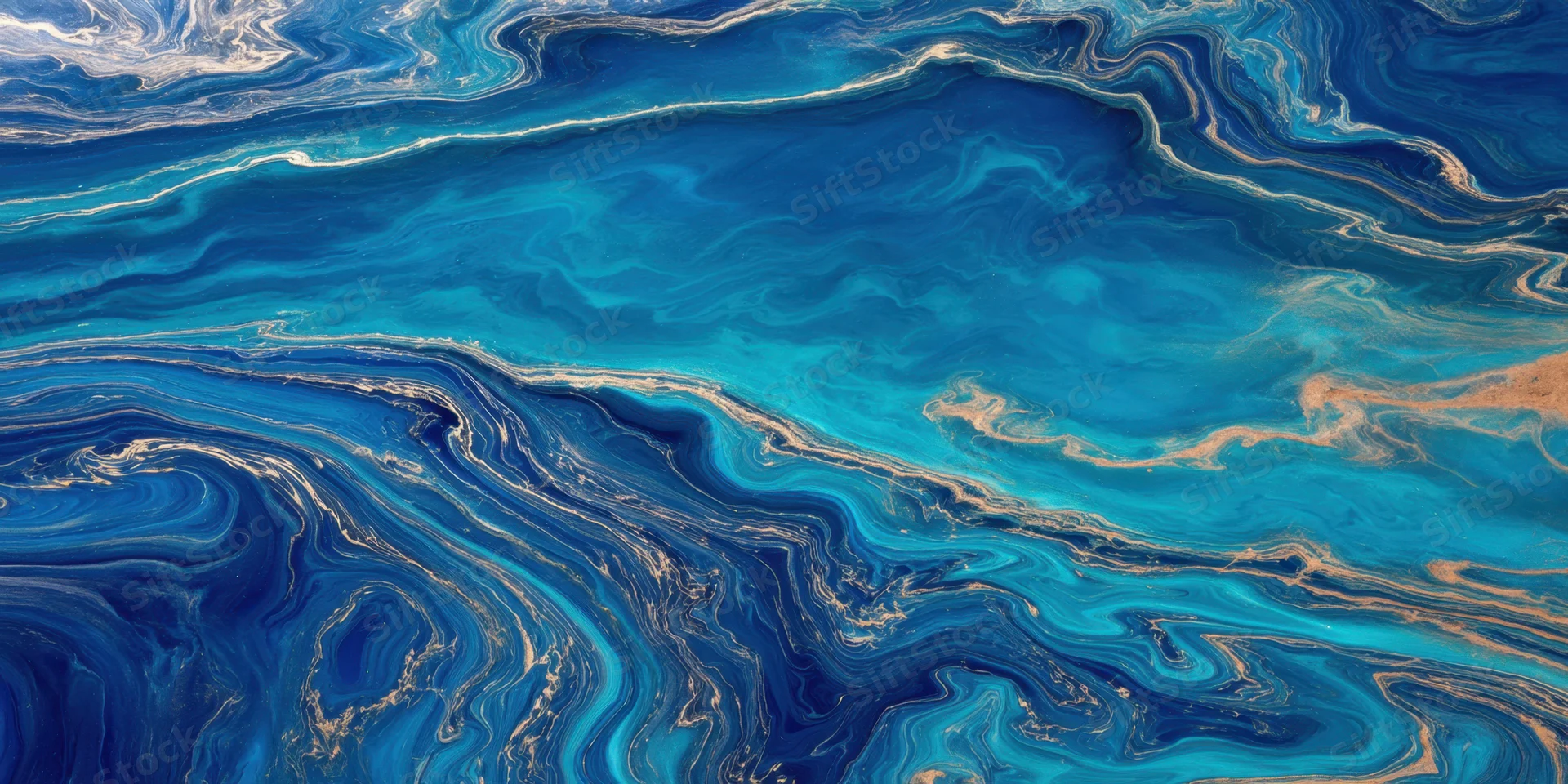 Swirling cobalt blue and turquoise marbling pattern with golden veins across a smooth surface