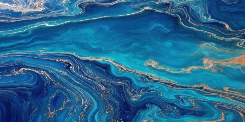 Swirling cobalt blue and turquoise marbling pattern with golden veins across a smooth surface
