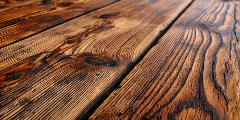 Close-up of charred wooden planks arranged in parallel with visible grain and knots