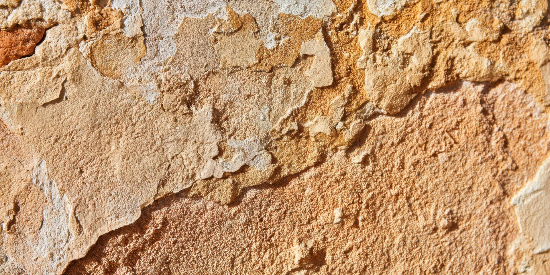 Close up of a weathered beige stone wall with flaking plaster showing texture and erosion