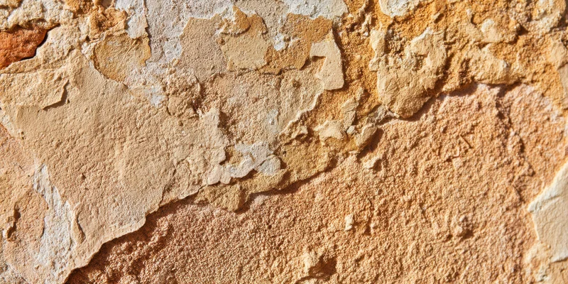 Close up of a weathered beige stone wall with flaking plaster showing texture and erosion