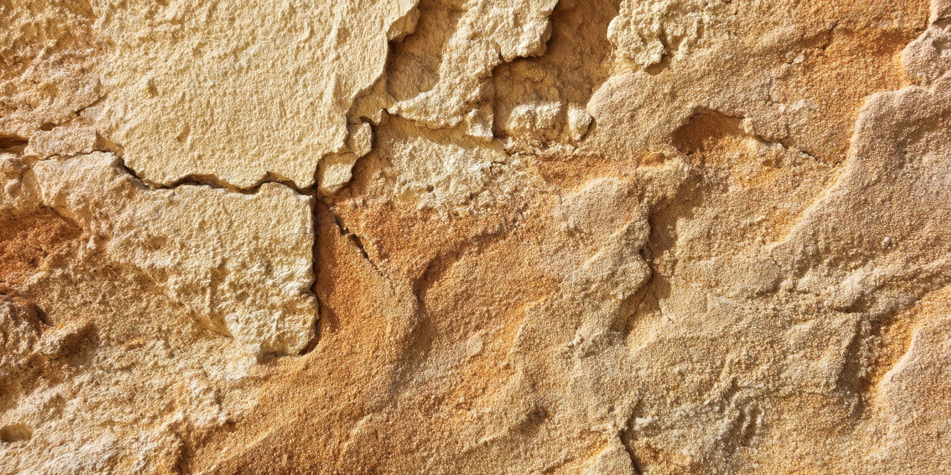 Closeup of weathered beige stone wall with flaking plaster and cracks