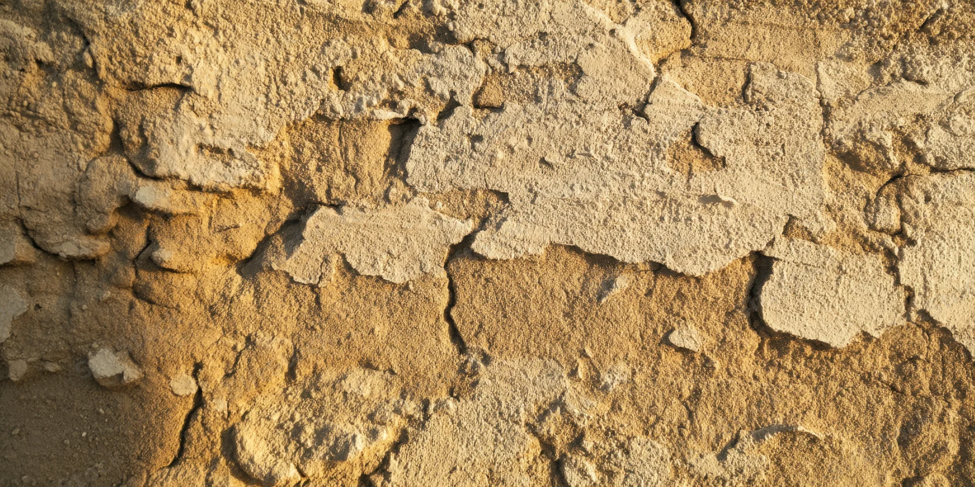 Closeup of a weathered beige stone wall with flaking plaster and cracks