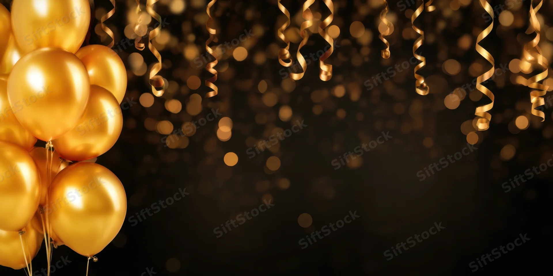 Golden balloons clustered on left with hanging streamers and bokeh lights on dark background