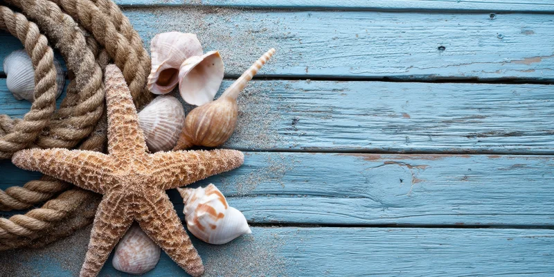 Starfish and seashells arranged with coiled rope on weathered blue wooden planks