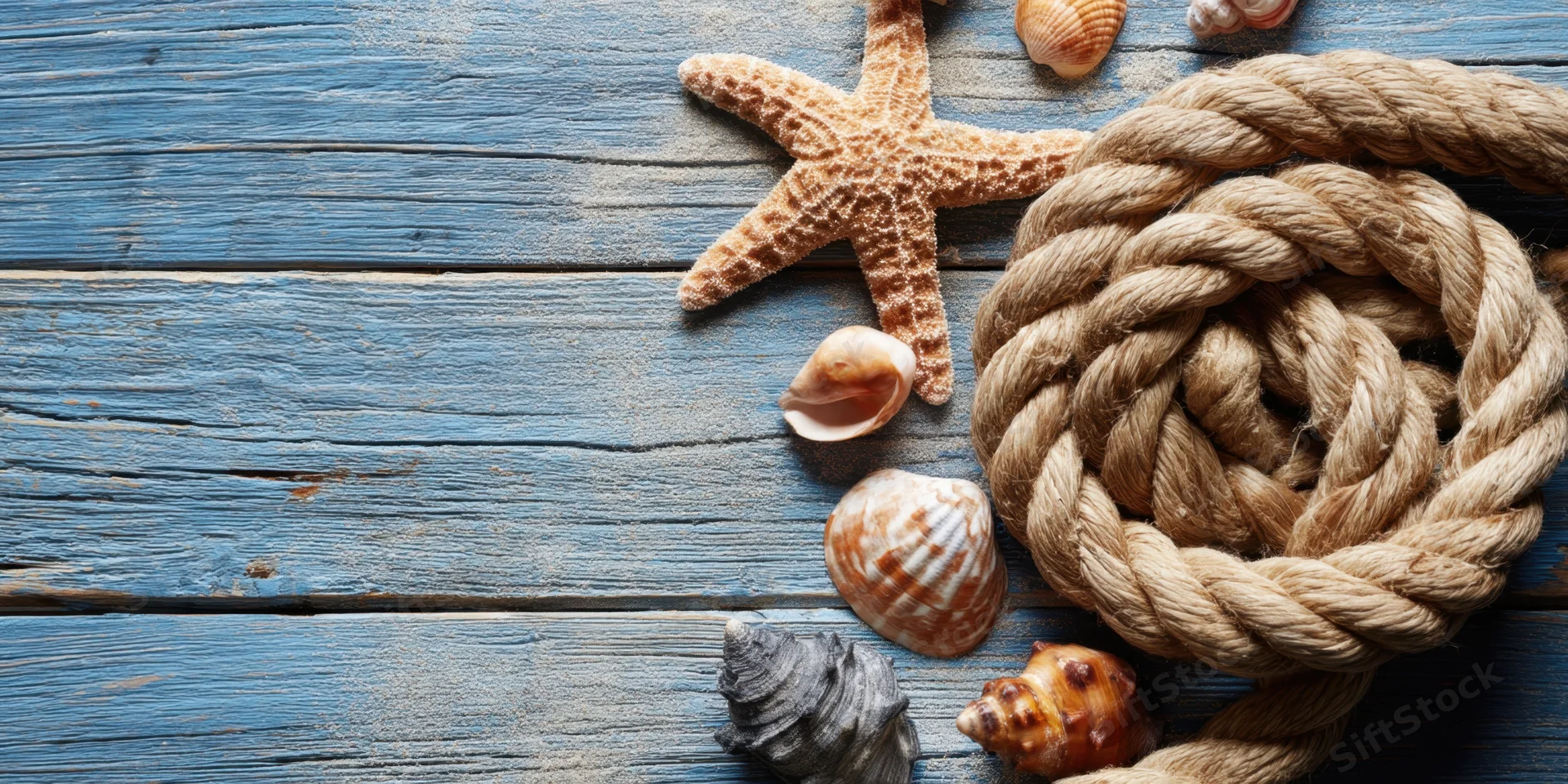 Starfish and seashells arranged with coiled rope on weathered blue wooden planks