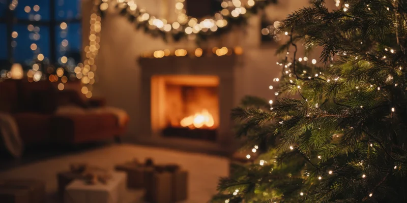 Christmas tree with lights in a cozy living room with fireplace and gifts nearby