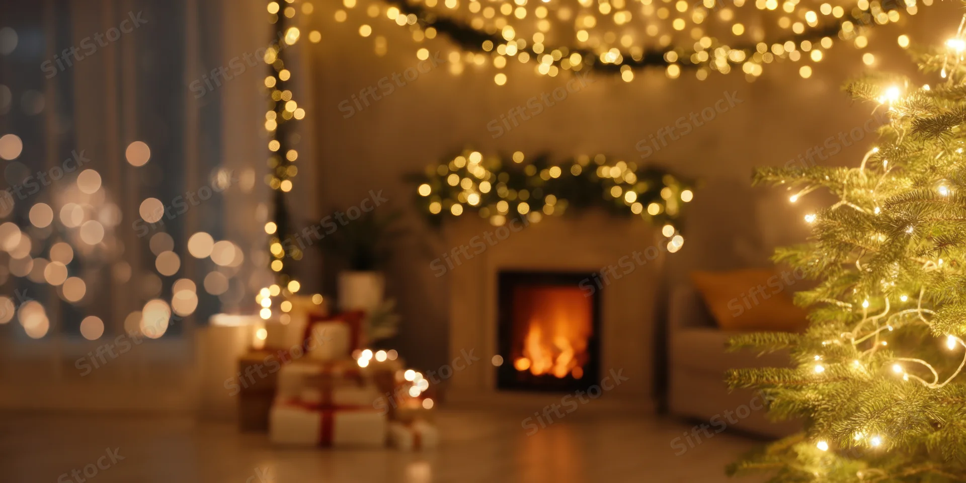 Christmas tree with lights and gifts near a fireplace in a cozy living room