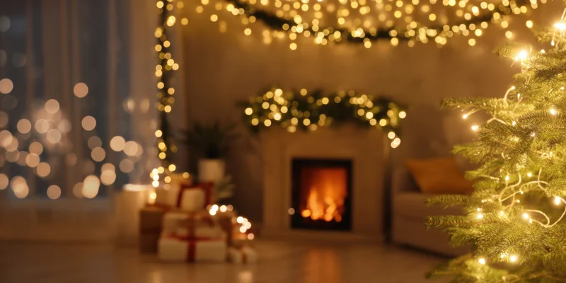 Christmas tree with lights and gifts near a fireplace in a cozy living room