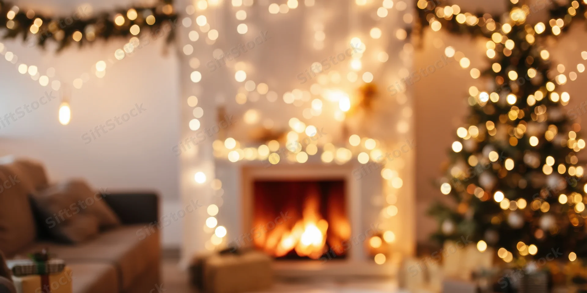 Christmas tree decorated with lights beside a fireplace in a cozy living room