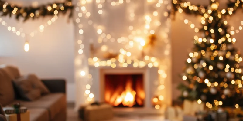 Christmas tree decorated with lights beside a fireplace in a cozy living room