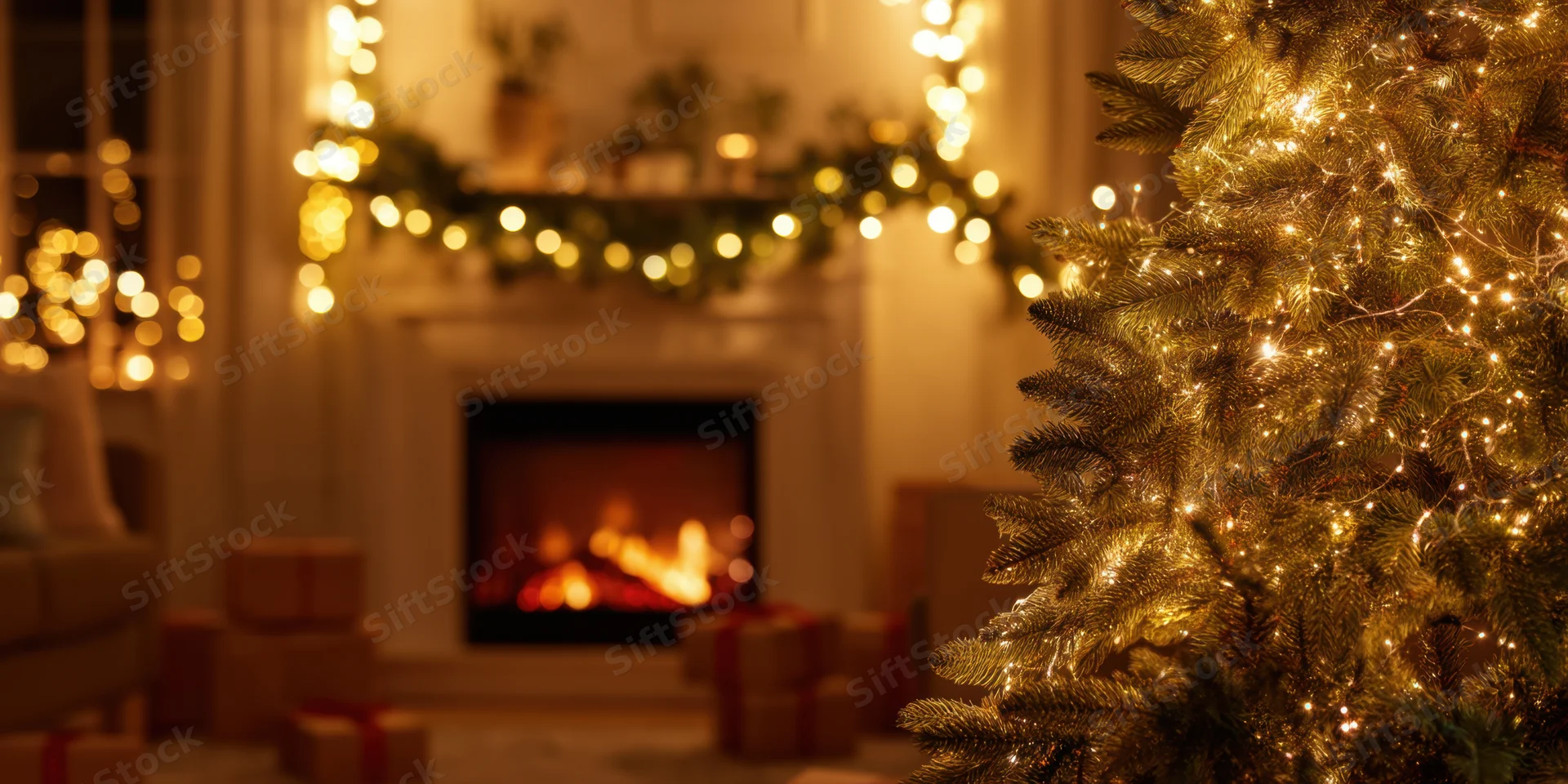 Christmas tree with warm lights beside a fireplace in a cozy living room