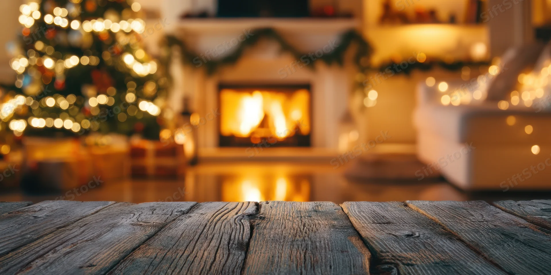 Wooden tabletop in front of blurred christmas living room with fireplace and decorated tree
