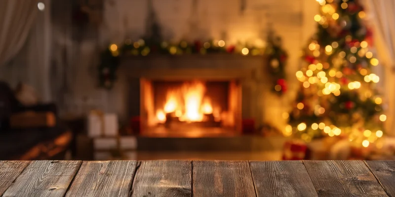 Wooden tabletop in front of a blurred christmas living room with fireplace and decorated tree