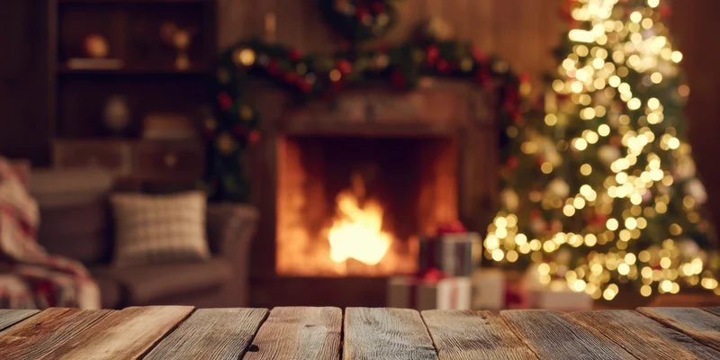 Wooden table in front of a lit fireplace and decorated christmas tree in a cozy living room