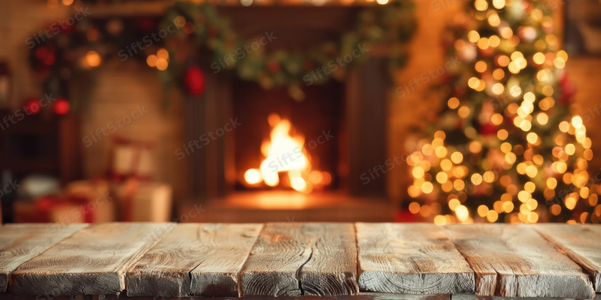 Wooden table in front of a lit fireplace with christmas tree and decorations in the background