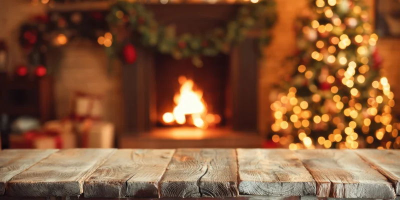Wooden table in front of a lit fireplace with christmas tree and decorations in the background