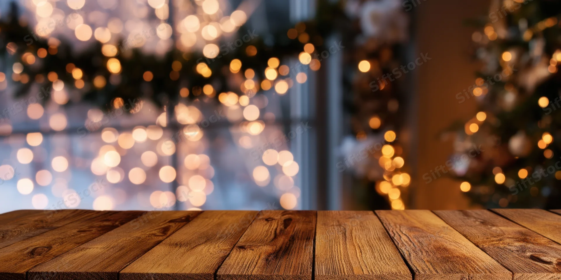 Wooden table surface in front of blurred christmas decorations with bokeh lights in a cozy home interior