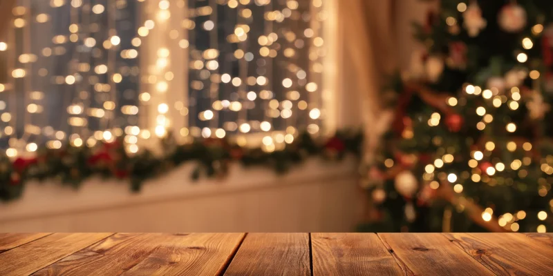 Wooden table surface in front of blurred christmas decorations with bokeh lights and garland along window