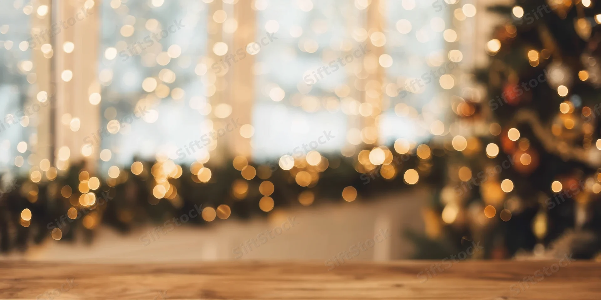 Wooden tabletop in front of blurred christmas decorations with bokeh lights