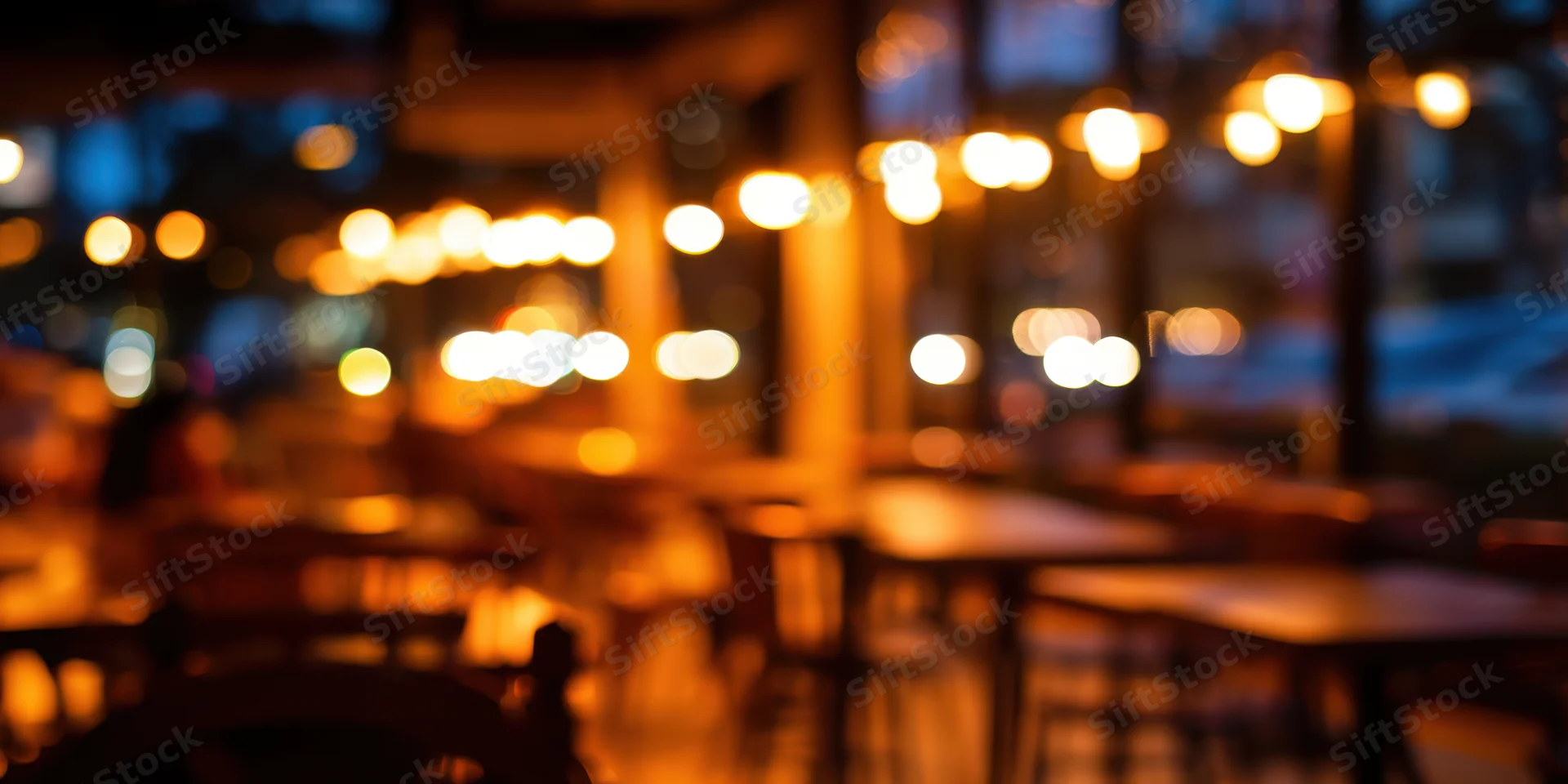 Blurred cafe interior with warm amber lighting and bokeh effect at dusk