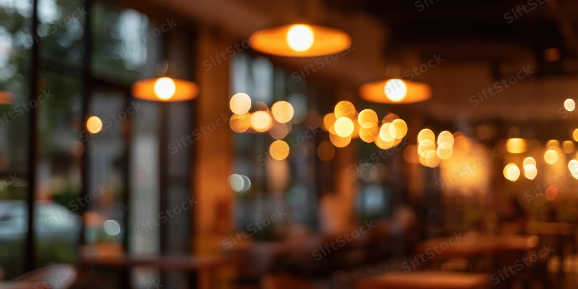 Blurred interior of a cozy cafe at dusk with warm amber pendant lights and wooden furniture