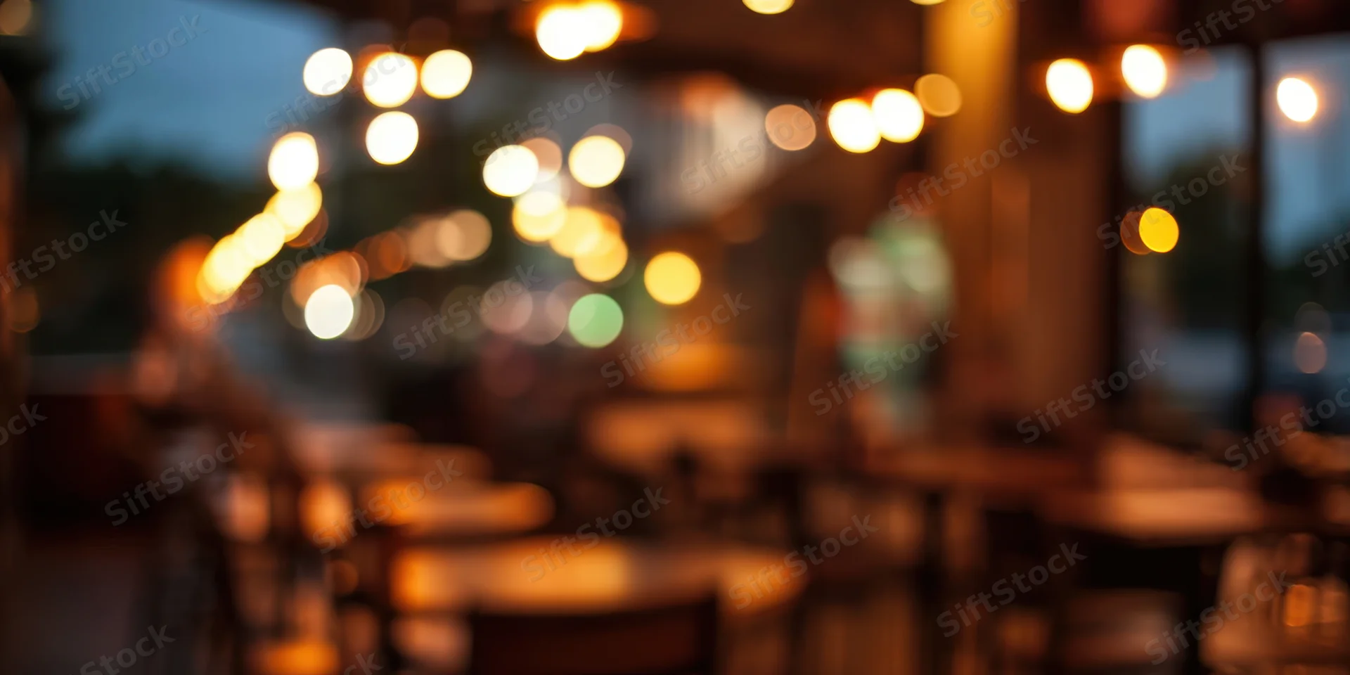 Blurred interior of a cozy cafe at dusk with warm amber lighting and bokeh effect