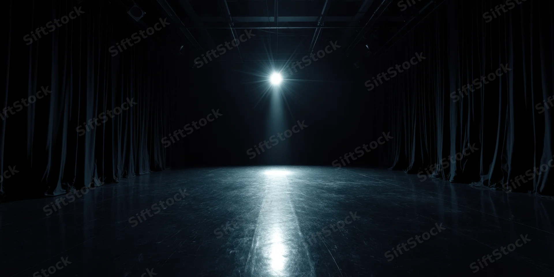 Empty stage illuminated by a single spotlight with curtains on either side