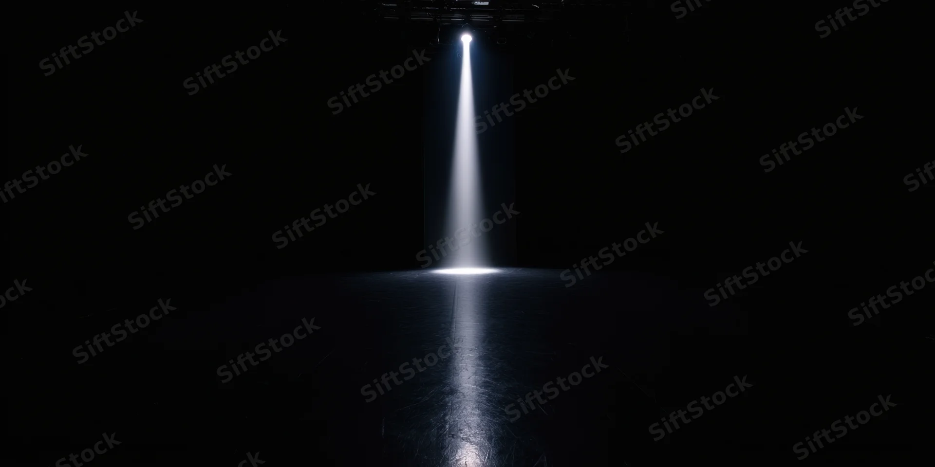 Single spotlight beam on dark empty stage floor with reflection