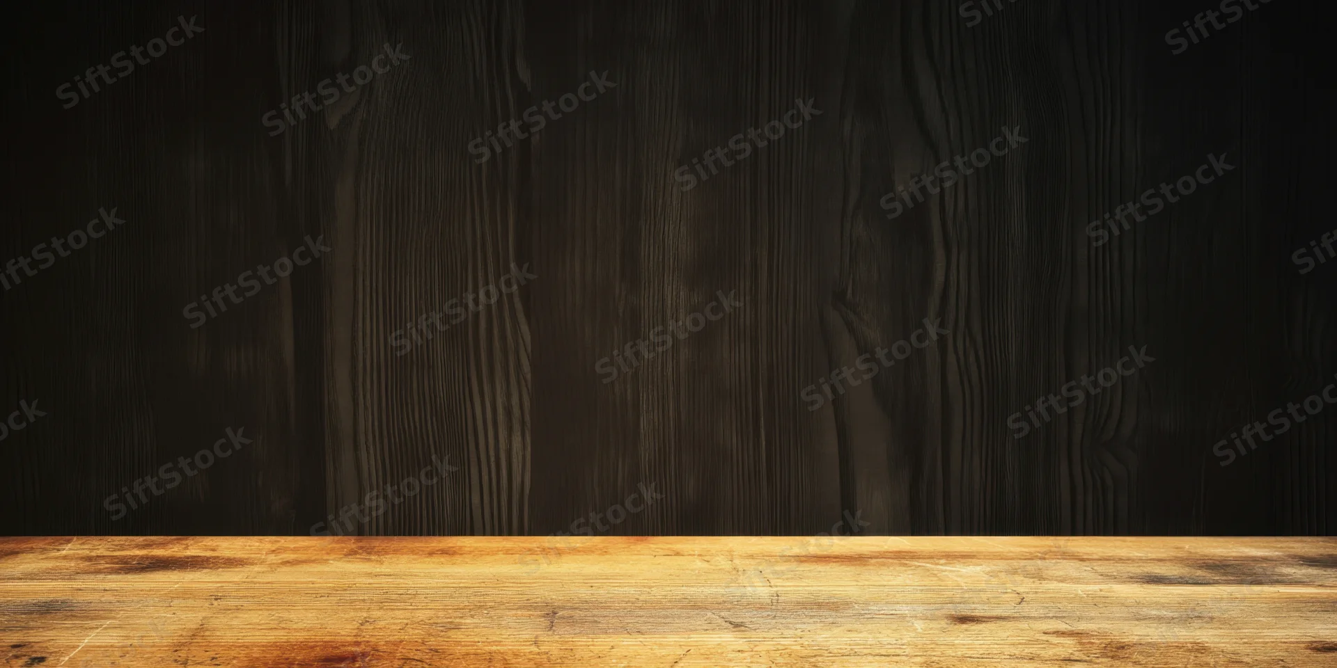 Warm worn light wood tabletop against dark seamless wooden backdrop with copyspace for product display