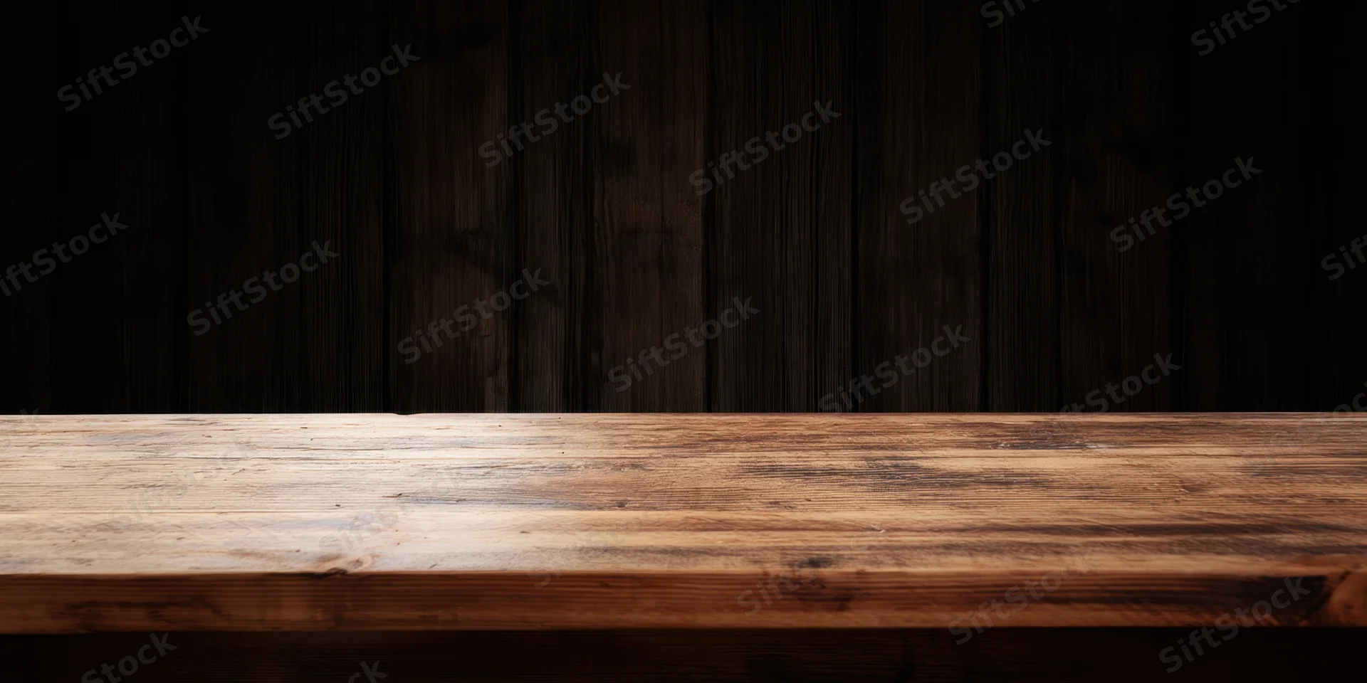 Wooden table surface with dark wood backdrop and copyspace for product display