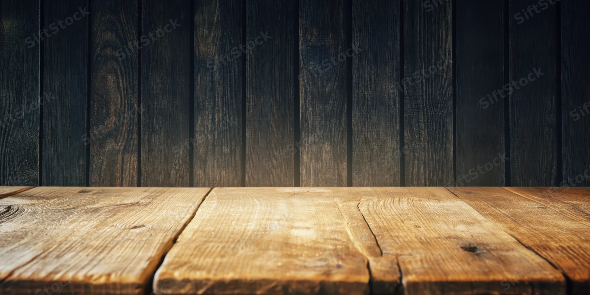Wooden table surface with dark vertical backdrop and copyspace for product display