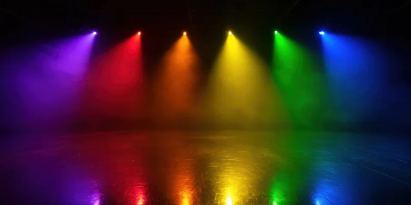 Six colored spotlights casting beams through haze on a dark stage floor