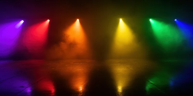 Six colored spotlights casting beams through smoke on a dark stage floor