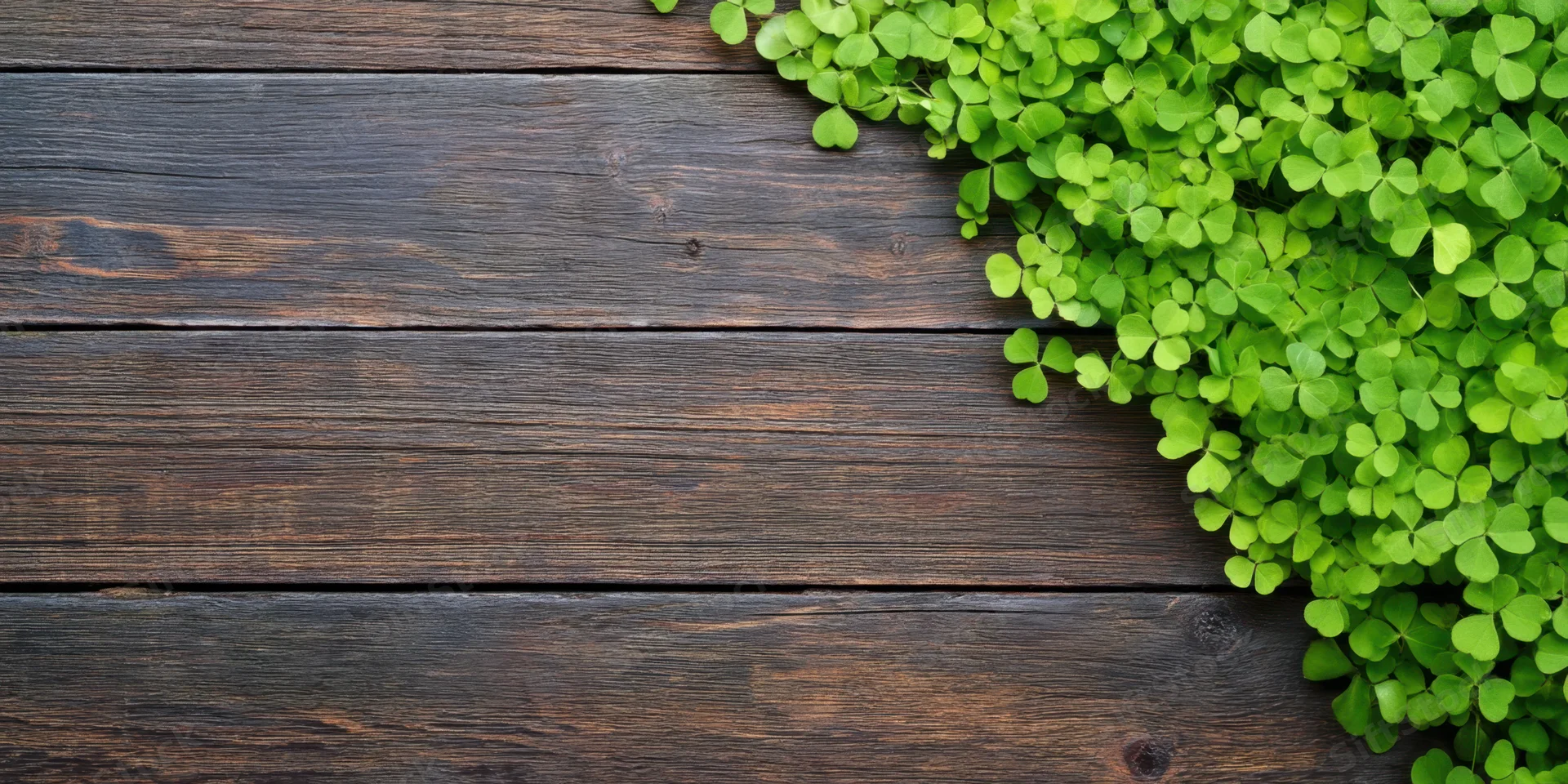 Bright green clover growing along the edge of a dark wooden plank surface