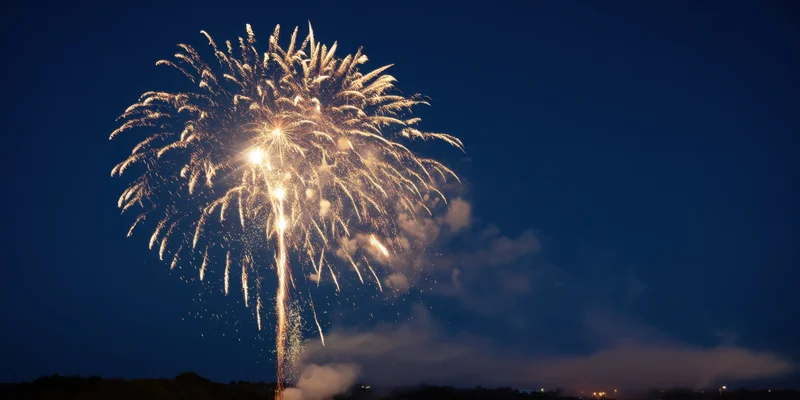 Golden fireworks bursting in the night sky over a dark landscape with distant city lights