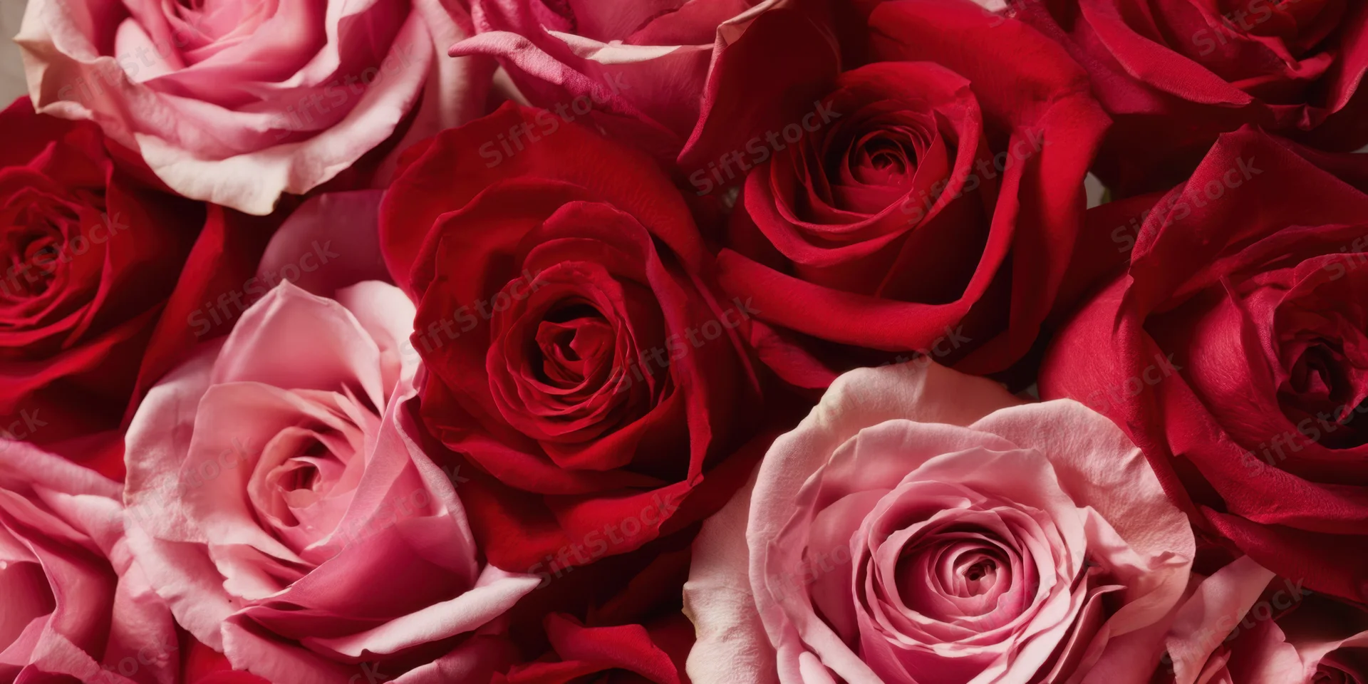 Dense cluster of red and pink roses with velvety petals filling the frame