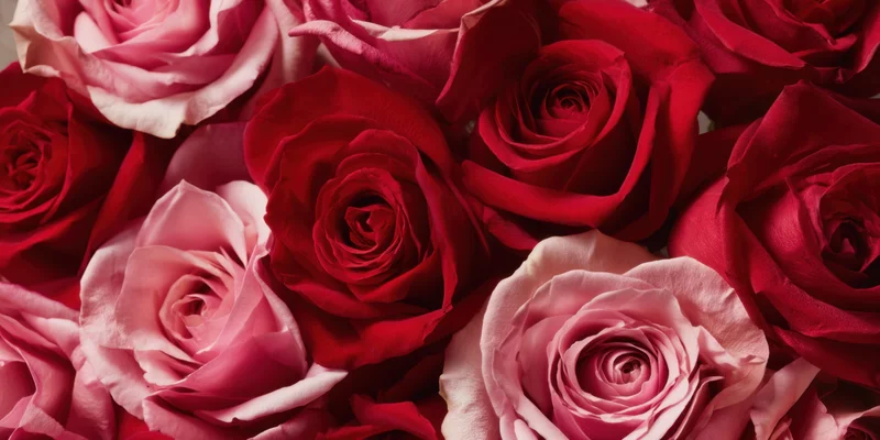Dense cluster of red and pink roses with velvety petals filling the frame