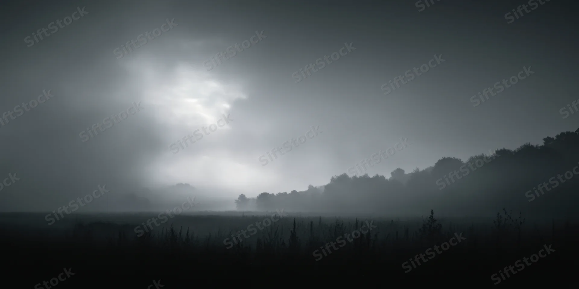 Fog-covered landscape with soft light filtering through misty sky over trees and meadow