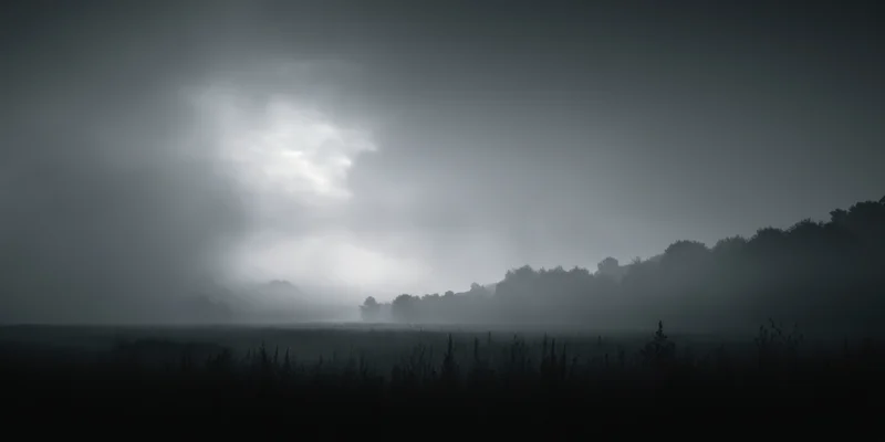 Fog-covered landscape with soft light filtering through misty sky over trees and meadow