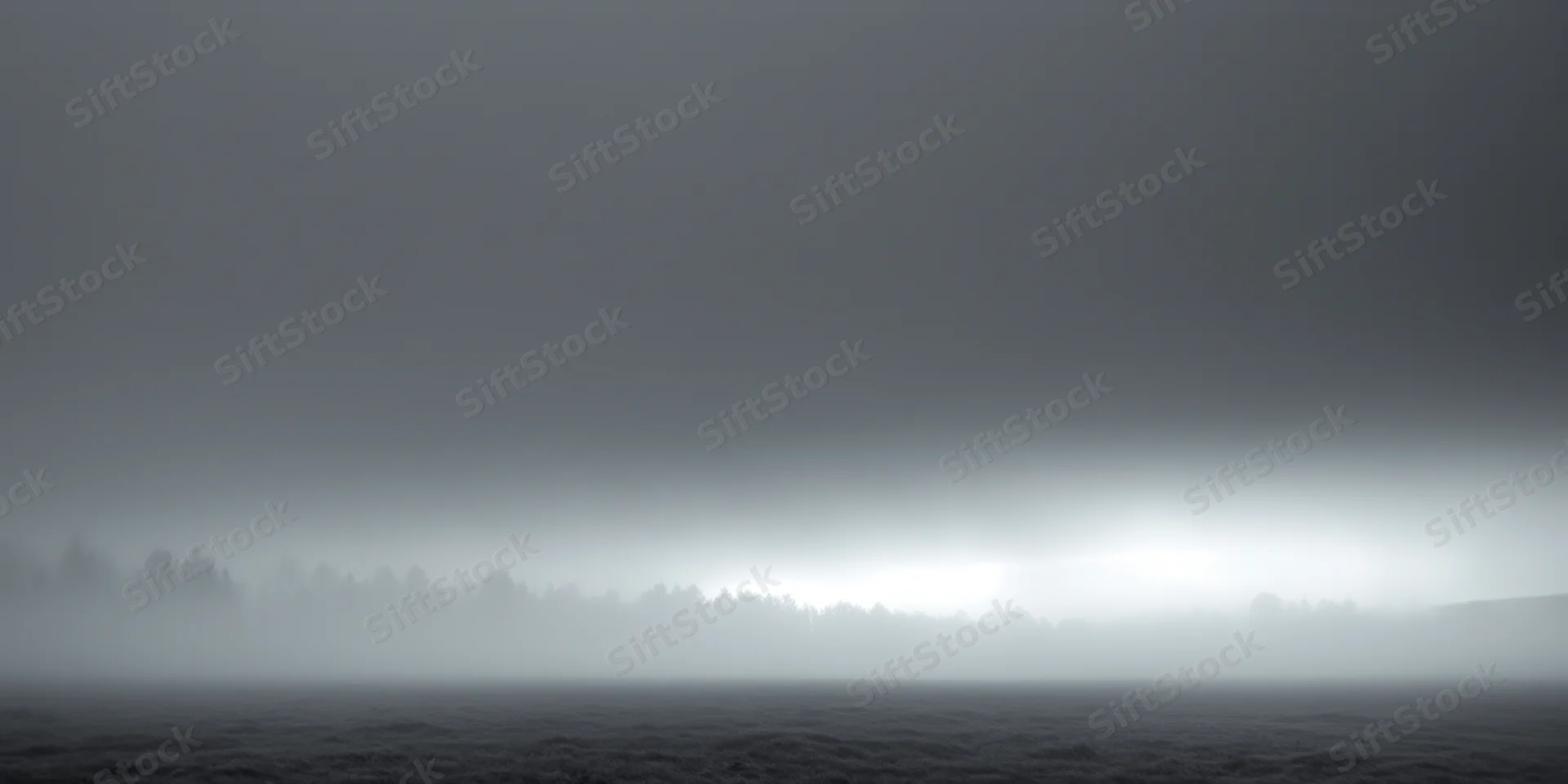 Dense fog covering a quiet landscape with soft light and tree silhouettes along the horizon