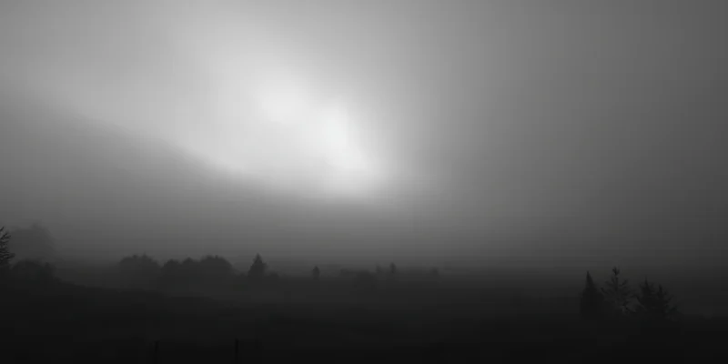 Fog-covered landscape with soft light and tree silhouettes at dawn