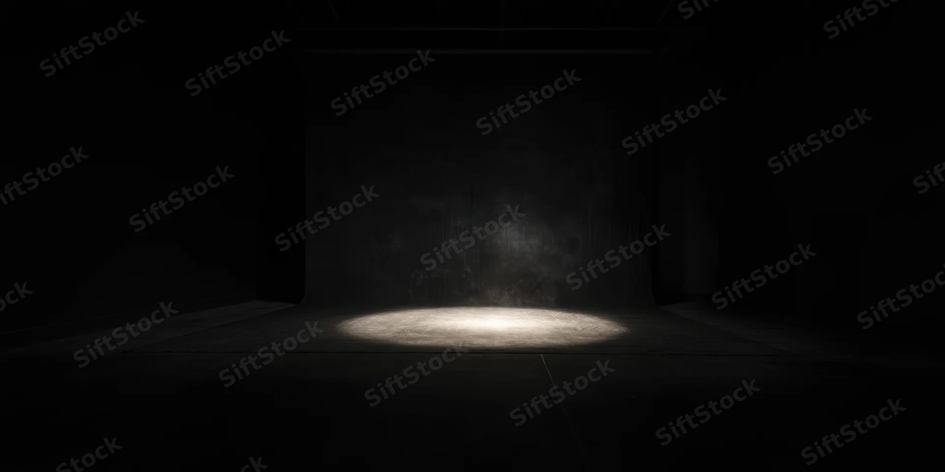 Spotlight on empty black studio floor with centered illumination