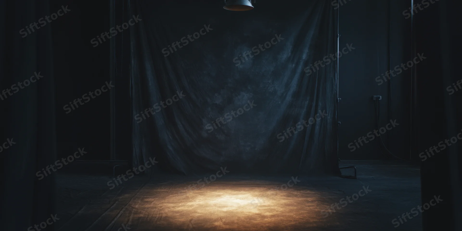 Spotlight on empty black studio floor with draped curtain backdrop