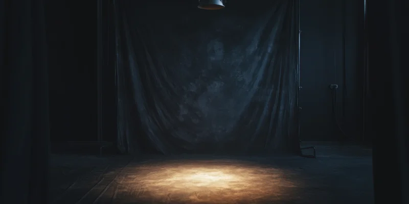 Spotlight on empty black studio floor with draped curtain backdrop