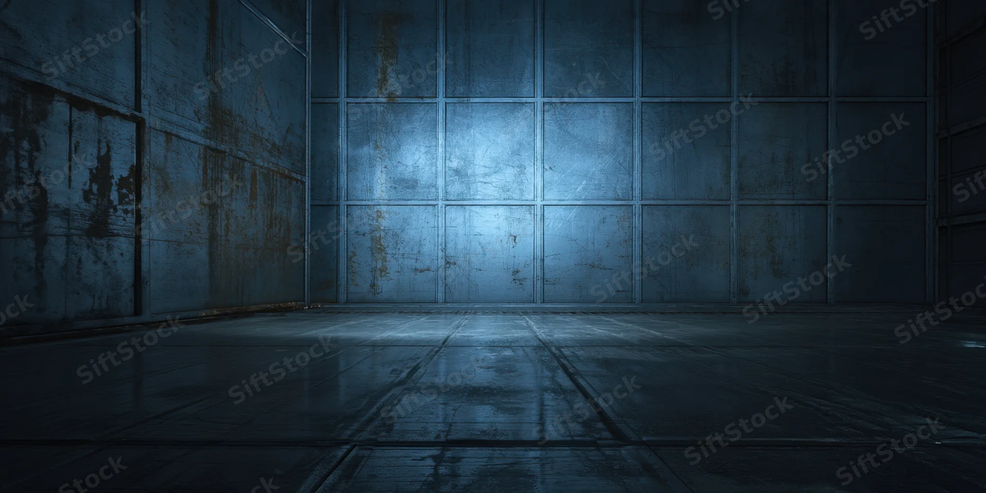 Dim industrial chamber with tall weathered metal panels and concrete floor