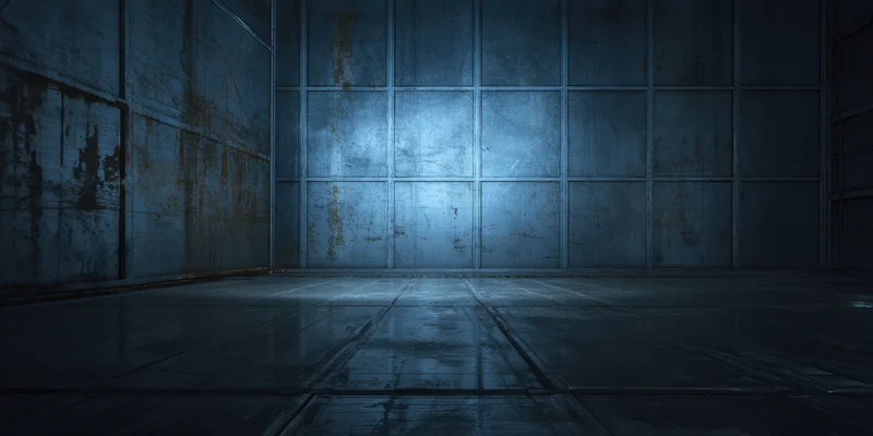 Dim industrial chamber with tall weathered metal panels and concrete floor