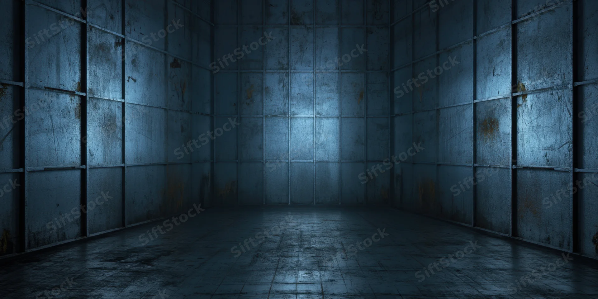 Dim industrial chamber with tall weathered metal panels forming enclosed space