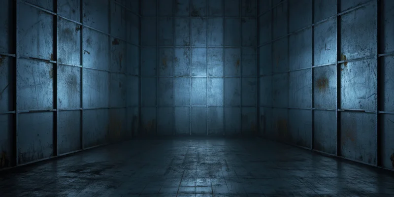 Dim industrial chamber with tall weathered metal panels forming enclosed space